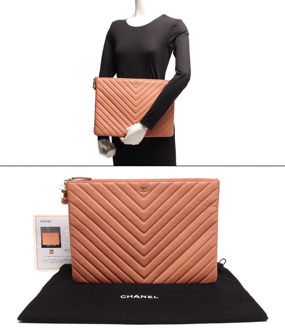 レザークラッチバッグ ココマーク フクロウ ゴールド金具 シェブロン Vステッチ キャビアスキン レディース CHANEL