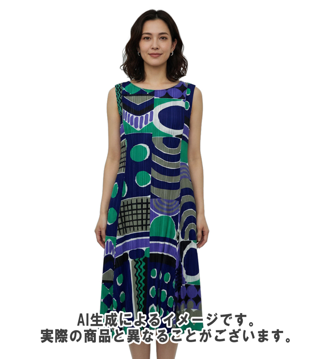 美品 PLEATS PLEASE プリーツノースリーブワンピース モダンアート pp53-jh543 レディース SIZE 4 (XL) プリーツプリーズ