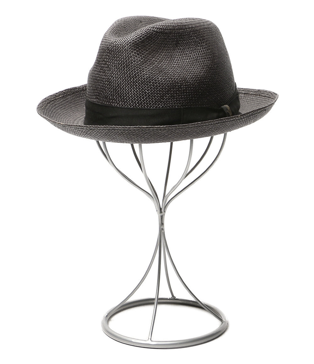 美品 Borsalino ストローハット(麦わら帽子) グレー リボン 140228