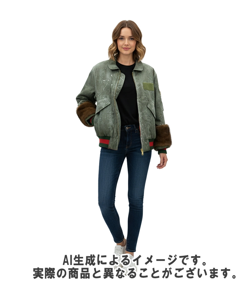 美品 GUCCI ブルゾン ゴーストジャケット ブルゾン BEE刺繍 GGペイント ミンクファー ミリタリー 2016年秋冬 447112 レディース SIZE 38 (S) グッチ