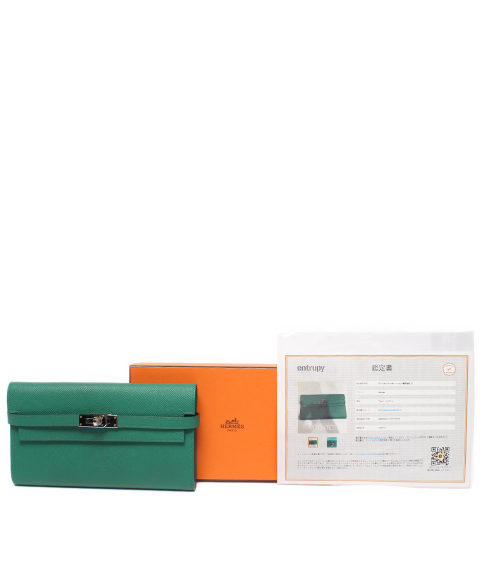 HERMES 長財布 シルバー金具 A刻印 ヴォーエプソン ヴェールジェイド ケリー ウォレット ロング レディース エルメス