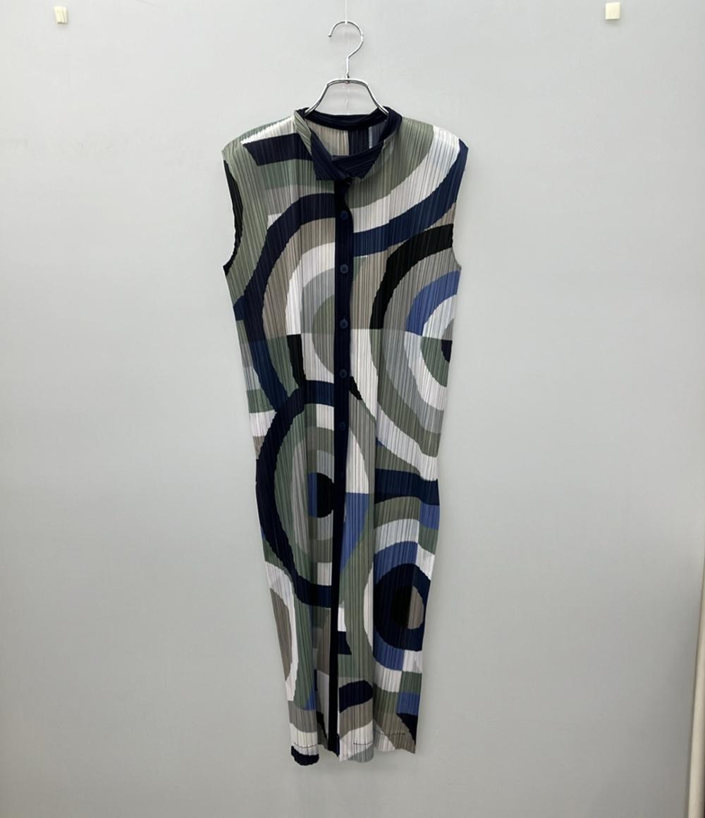 PLEATS PLEASE ノースリーブワンピース 18AW 総柄 幾何学模様 ロング丈 シャツ チュニック プリーツ PP83-JE743 レディース SIZE 3 (L)