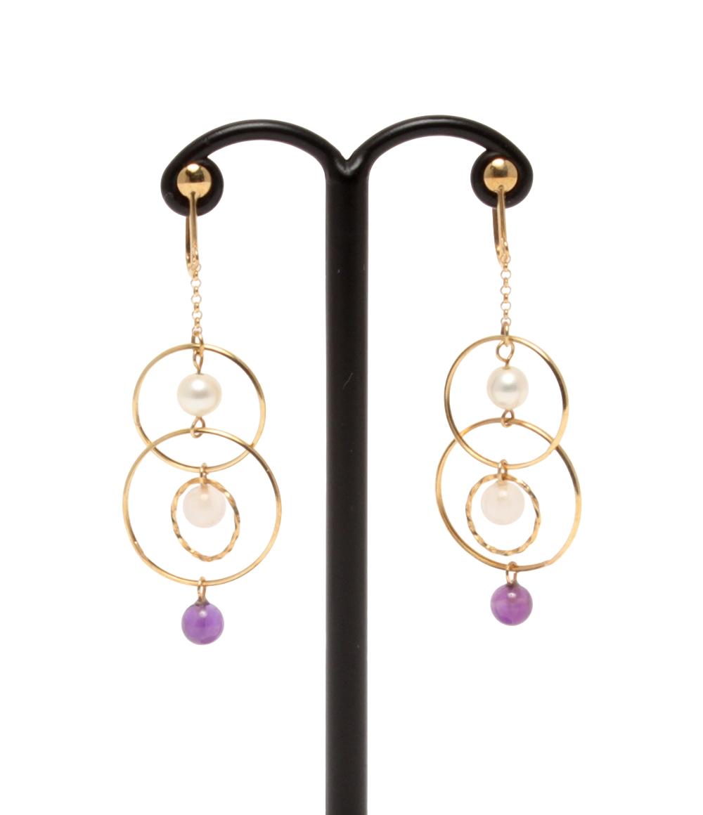 美品 イヤリング K18 K14 パール アメジスト ローズクォーツ レディース