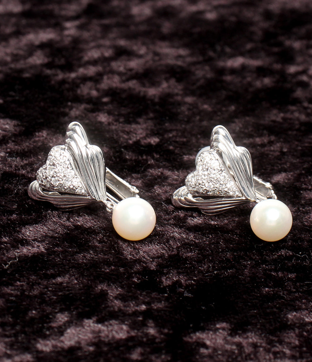 美品 MIKIMOTO イヤリング K14WG K18 パール7.5mm ダイヤ 0.34ct レディース ミキモト