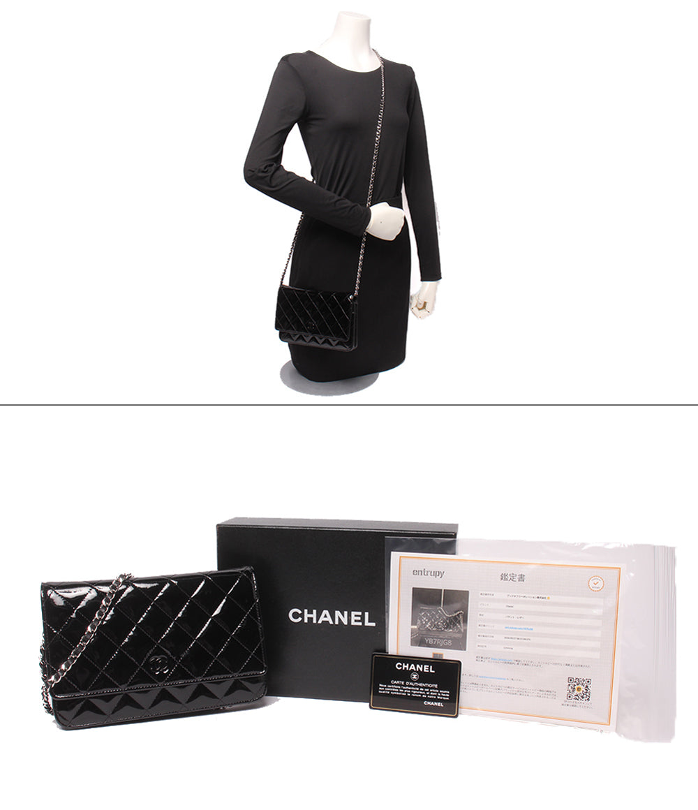 CHANEL チェーンウォレット ショルダーバッグ 斜め掛け シングルチェーン シングルフラップ シルバー金具 17番台 マトラッセ エナメル レディース