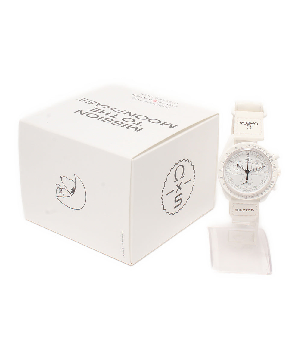 美品 Swatch OMEGA 腕時計 スヌーピー SNOOPY BIOCERAMIC MOONSWATCH MISSION TO THE MOONPHASE クオーツ ホワイト SO33W700 レディース メンズ