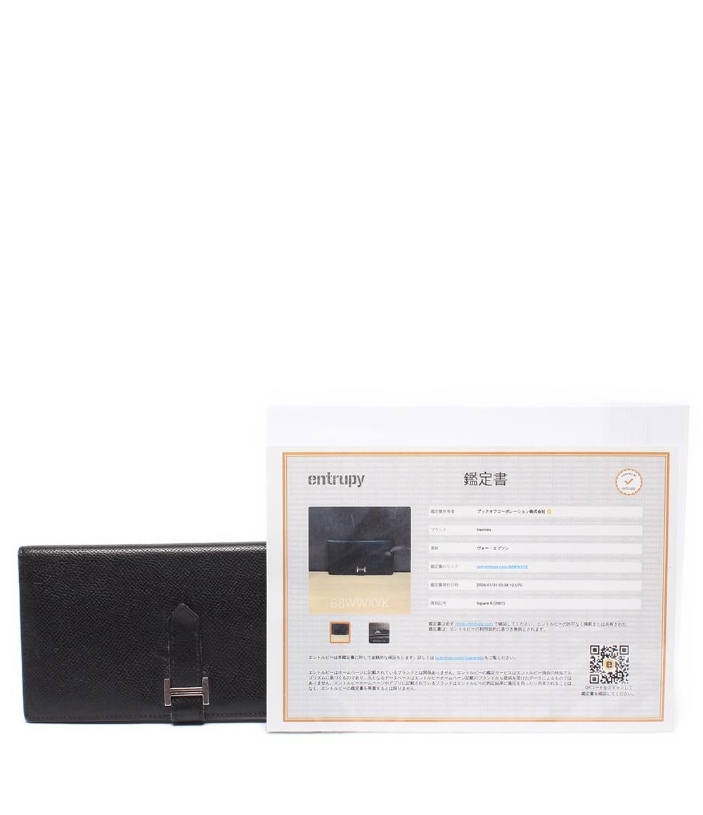 HERMES 三つ折り長財布 シルバー金具 □K刻印 ヴォーエプソン ベアン デュプリ メンズ レディース エルメス