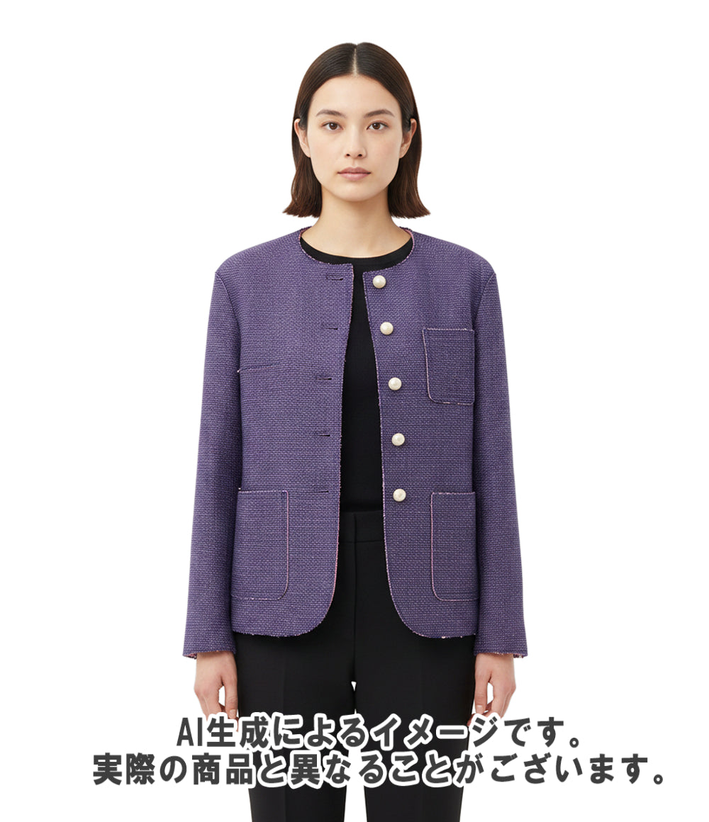 CHANEL ノーカラージャケット Fパールボタン ココマーク カットオフ ツイード メタリック ブルー ピンク 13SS P45867 レディース SIZE 36 (S)