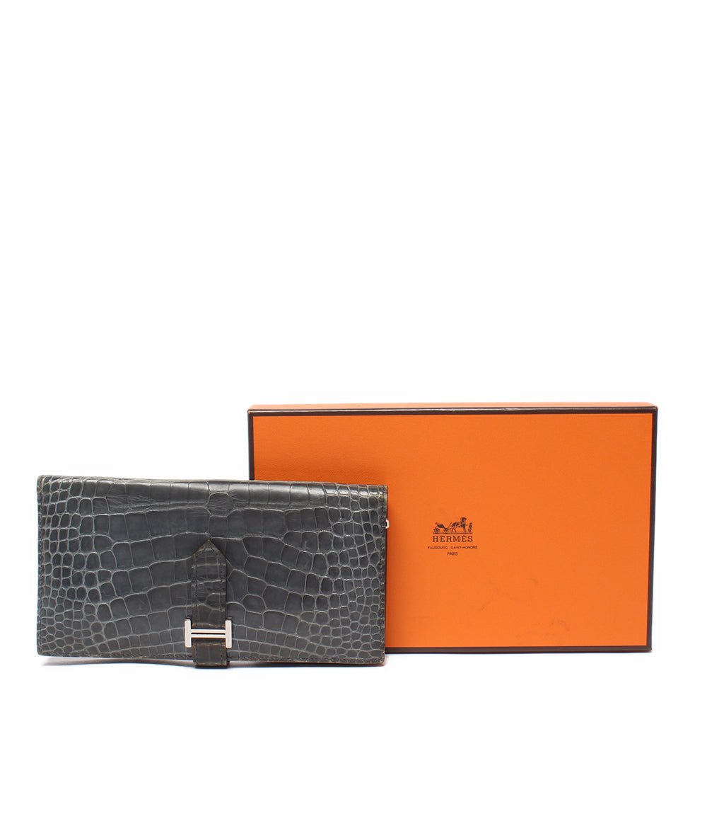 HERMES 長財布 シルバー金具 T刻印 クロコダイル アリゲーター ベアンスフレ レディース メンズ エルメス