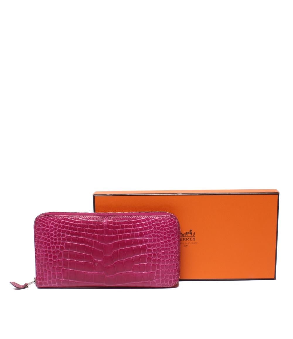 HERMES ラウンドファスナー長財布 クロコダイル アリゲーターリセ シルバー金具 □O刻印 アザップロング レディース エルメス