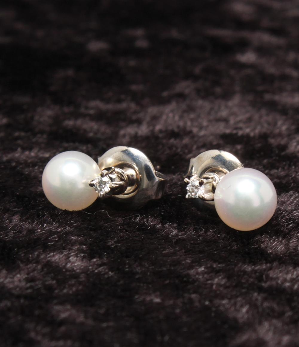 美品 ミキモト ピアス K18 パール 5.4mm ダイヤ レディース MIKIMOTO