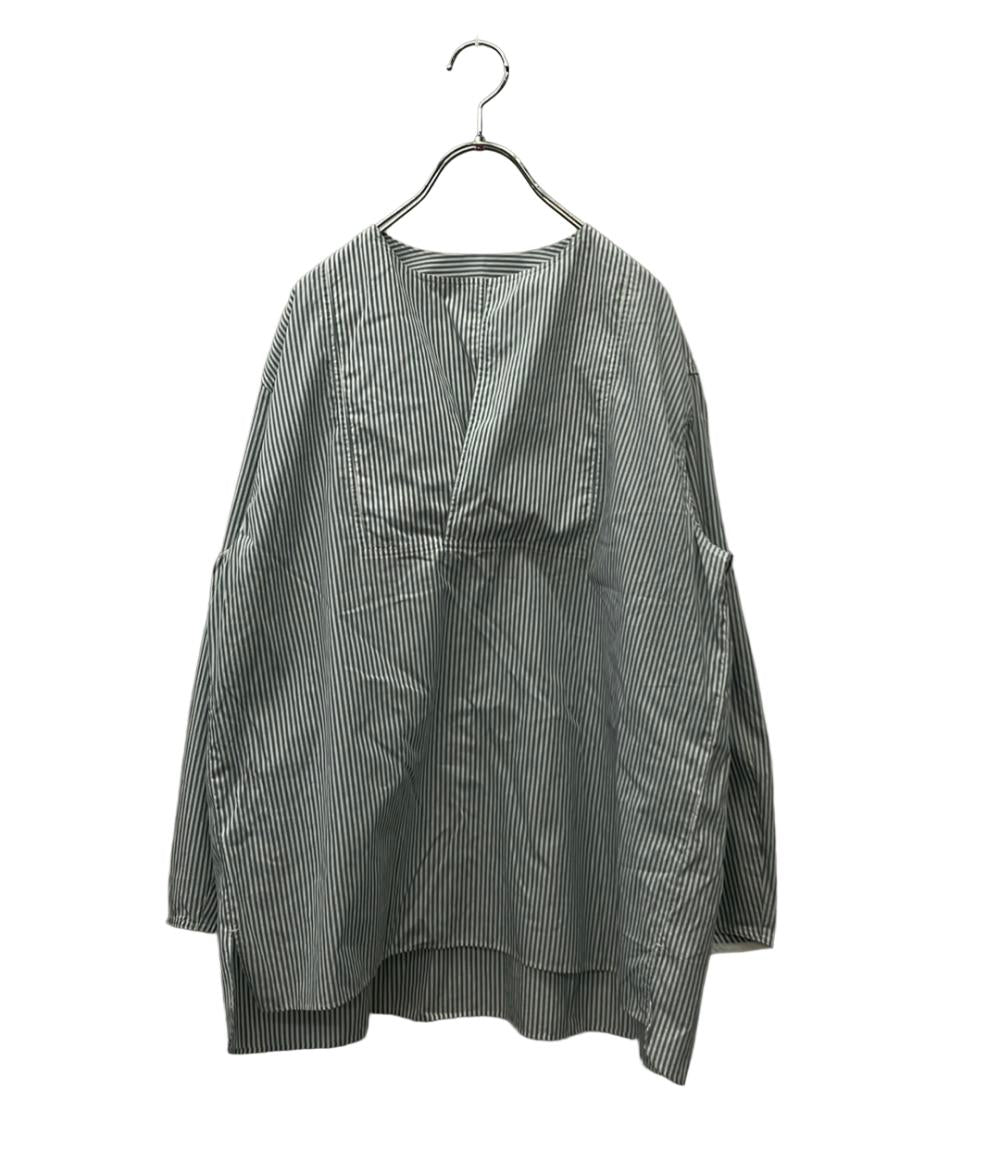 Drawer 長袖シャツ ブラウス ノーカラー コットン ストライプ 6511-299