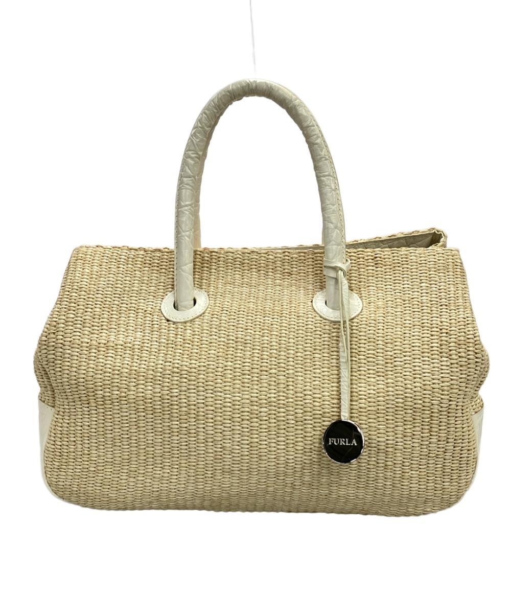 美品】FURLA かごバッグ ベージュ×ブラック 黒 スタッズ トート 本革