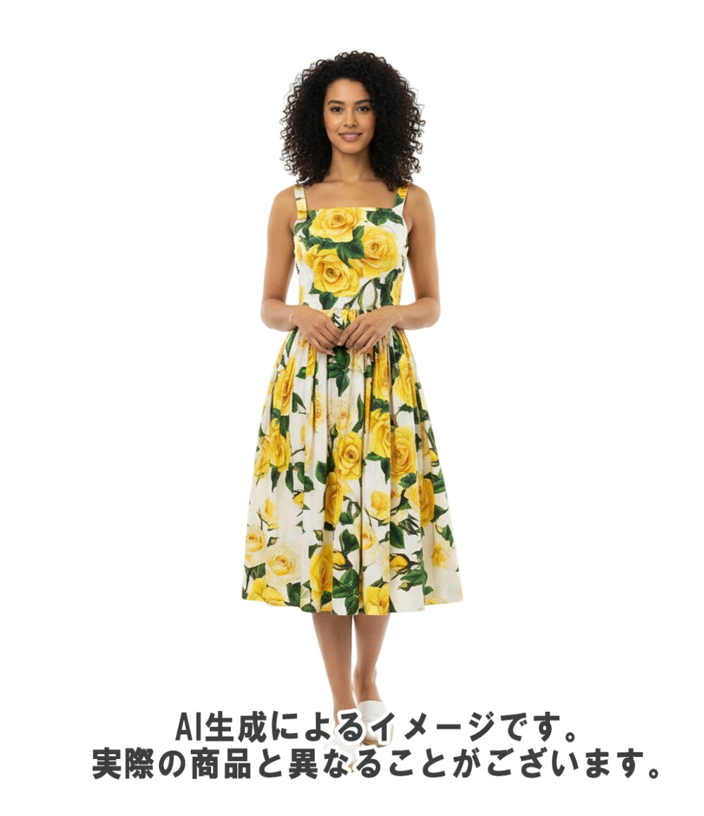 DOLCE & GABBANA ノースリーブワンピース Aライン ミディ丈 フロントボタン スクエアネック イエローローズプリント コットン サンドレス レディース