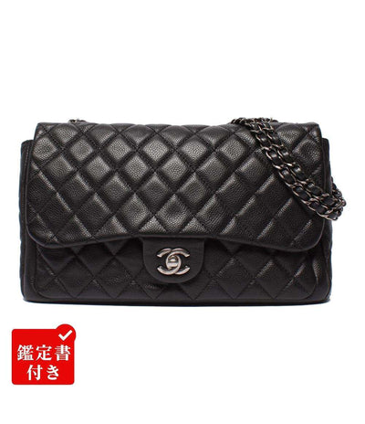 CHANEL チェーンショルダーバッグ キャビアスキン シルバー金具 18番台 ダブルチェーン シングルフラップ デカマトラッセ30 レディース シャネル