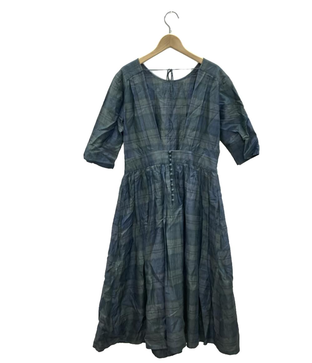 ウーア リネン混チェック柄半袖フレアロングワンピース レディース SIZE 36 (XS) Uhr