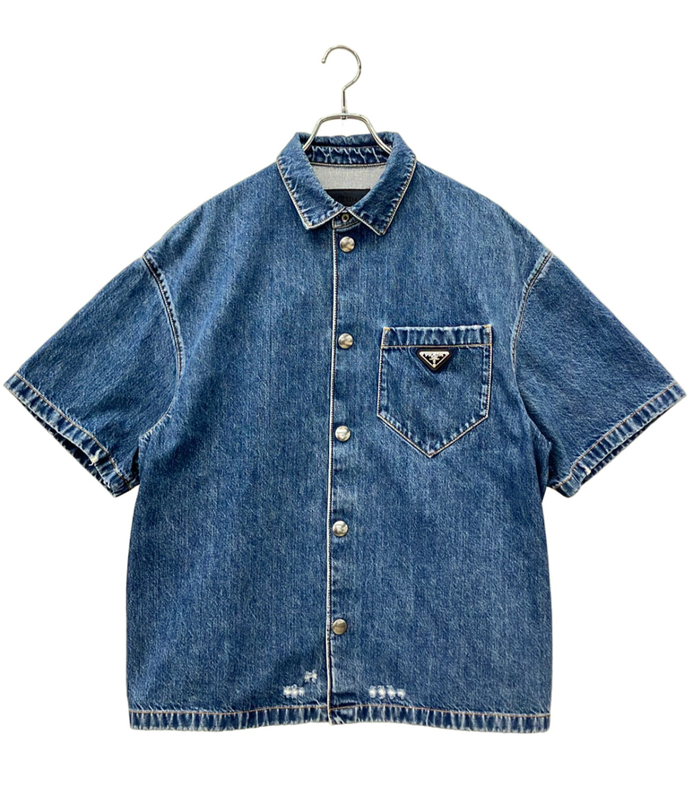 美品 PRADA 半袖デニムシャツ トライアングルプレート GEC067 メンズ SIZE L プラダ
