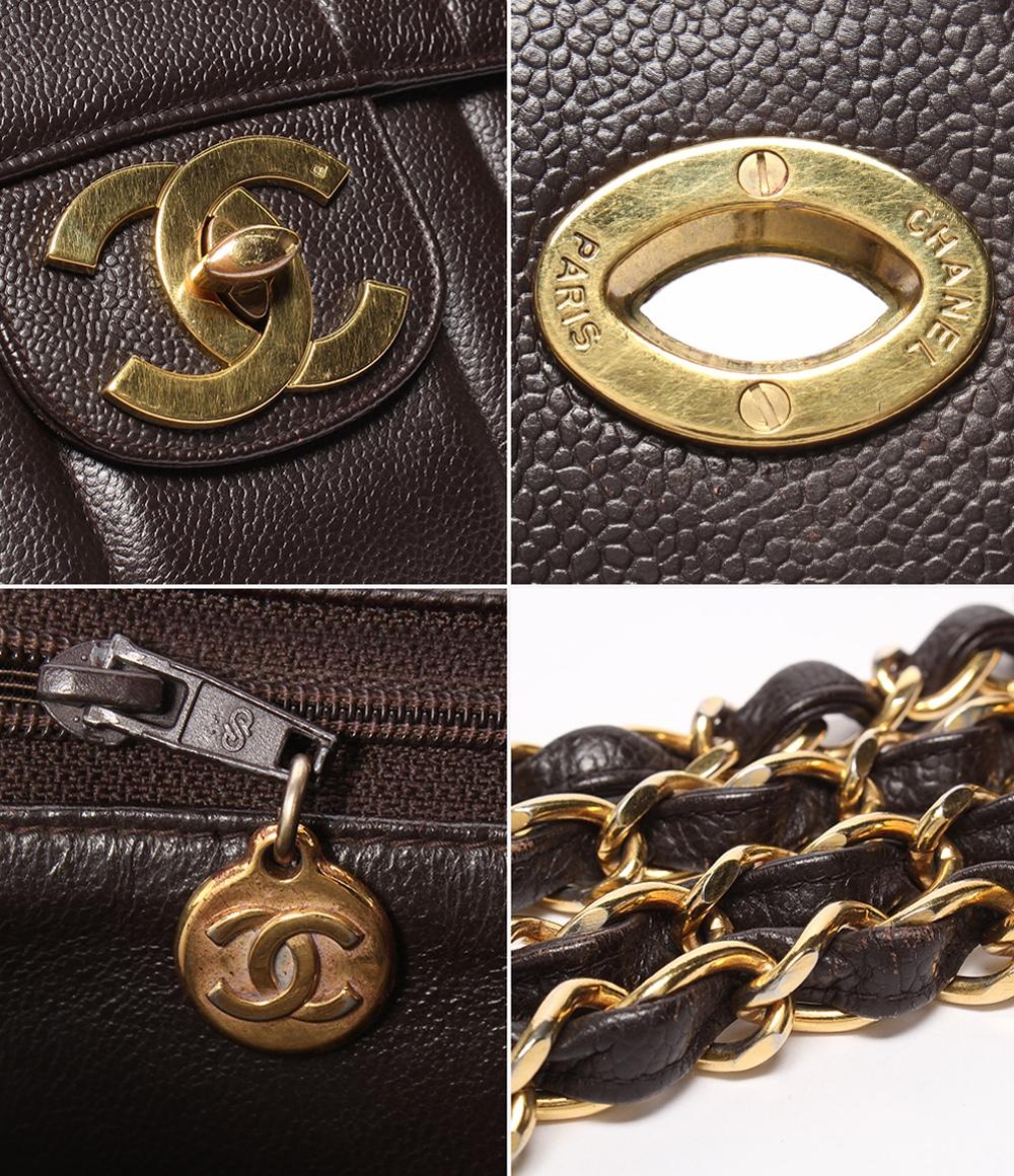 CHANEL チェーンショルダーバッグ 肩掛け ゴールド金具 キャビアスキン ターンロック ダブルチェーン シングルフラップ マドモアゼル レディース