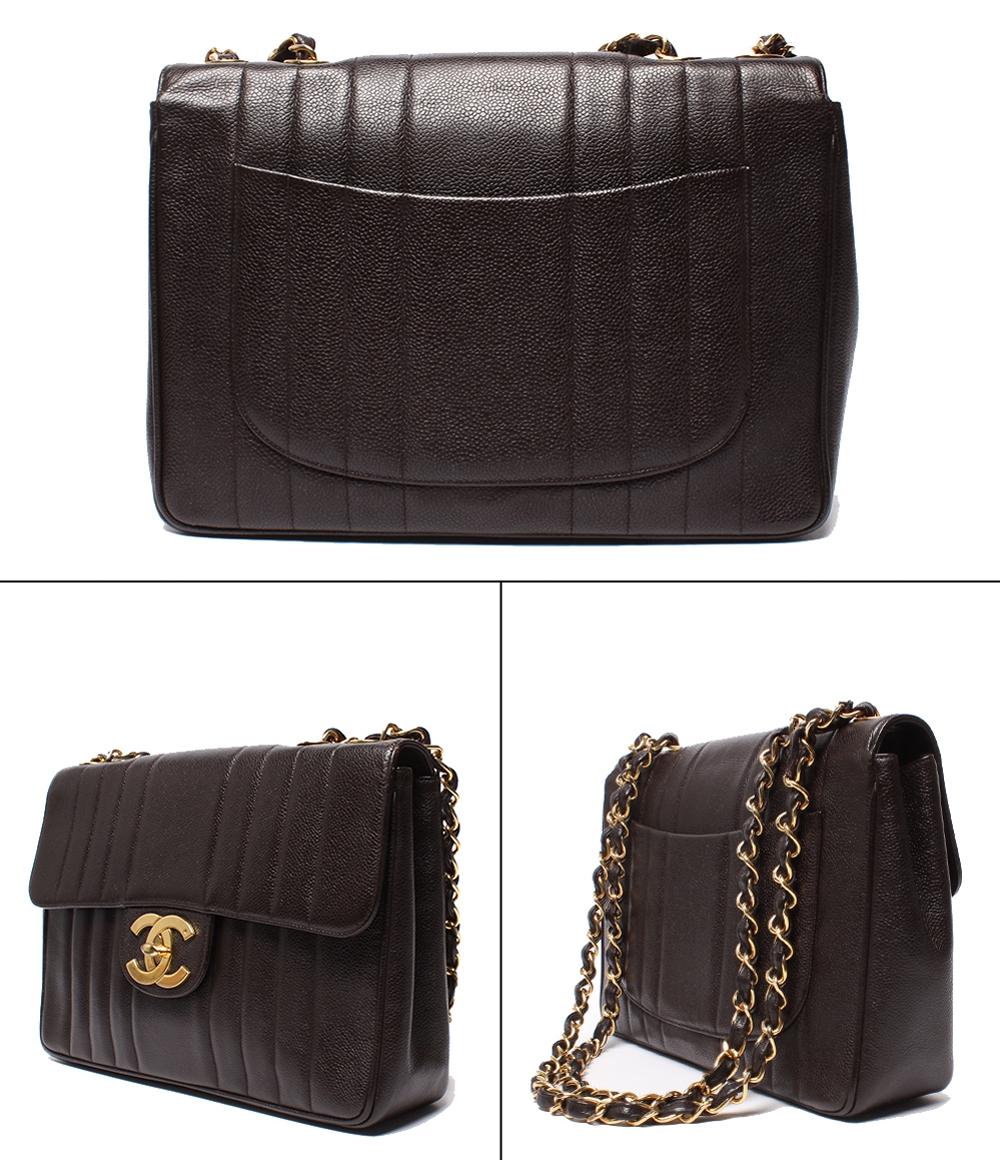 CHANEL チェーンショルダーバッグ 肩掛け ゴールド金具 キャビアスキン ターンロック ダブルチェーン シングルフラップ マドモアゼル レディース