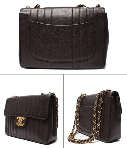CHANEL チェーンショルダーバッグ 肩掛け ゴールド金具 キャビアスキン ターンロック ダブルチェーン シングルフラップ マドモアゼル レディース