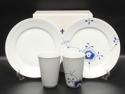 美品 Royal Copenhagen プレート 皿 22cm スタイルカップ フリーカップ 4点セット ブルーフルーテッド メガ ホワイトフルーテッド