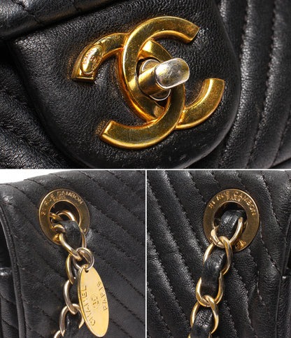 CHANEL チェーンショルダーバッグ 肩掛け 斜め掛け ゴールド金具 Vステッチ ダブルチェーン シングルフラップ 18番台 レディース シャネル