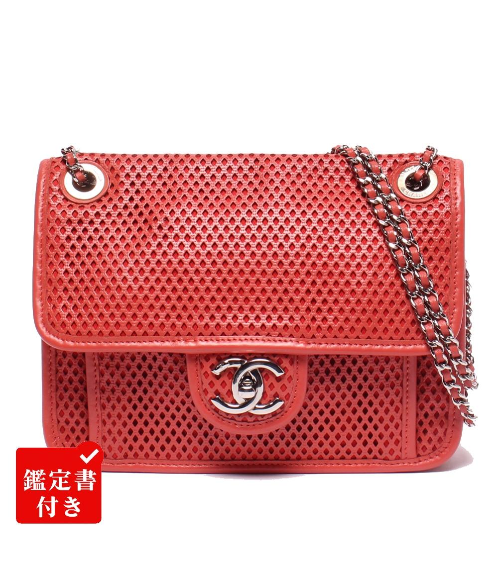 CHANEL チェーンショルダーバッグ 肩掛け シルバー金具 パンチングメッシュ ダブルチェーン シングルフラップ フレンチ リビエラ レディース シャネル