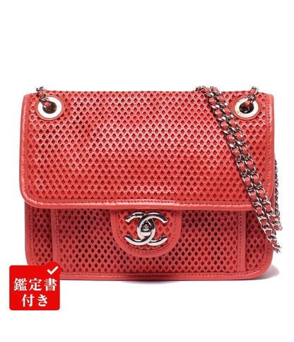 CHANEL チェーンショルダーバッグ 肩掛け シルバー金具 パンチングメッシュ ダブルチェーン シングルフラップ フレンチ リビエラ レディース シャネル