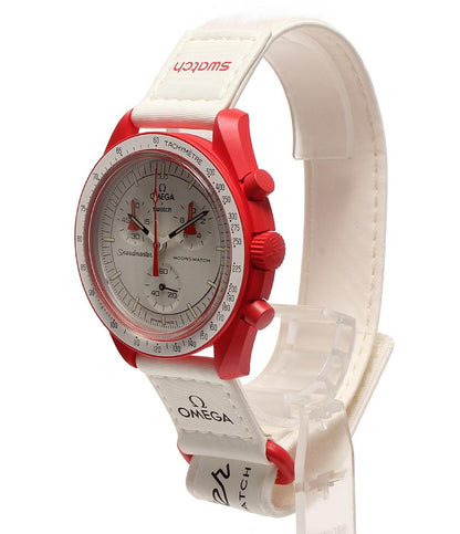 美品 Swatch OMEGA 腕時計 スピードマスター クオーツ ホワイト S033R100 ユニセックス スウォッチ オメガ