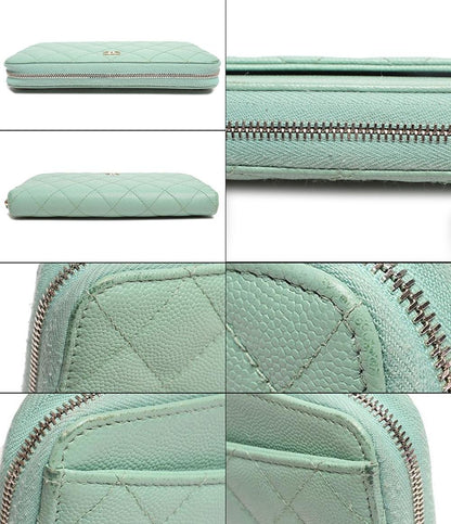 シャネル 長財布 ココマーク ラウンドジップ ライトグリーン系 マトラッセ キャビアスキン AP0242 レディース CHANEL