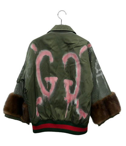 美品 GUCCI ブルゾン ゴーストジャケット ブルゾン BEE刺繍 GGペイント ミンクファー ミリタリー 2016年秋冬 447112 レディース SIZE 38 (S) グッチ