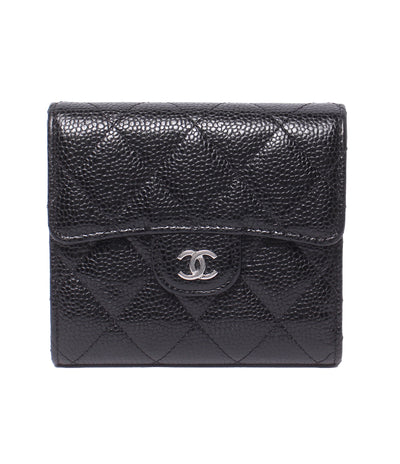 CHANEL 三つ折り財布 シルバー金具 ランダム番台 クラシックスモールフラップウォレット キャビアスキン AP0231 レディース シャネル