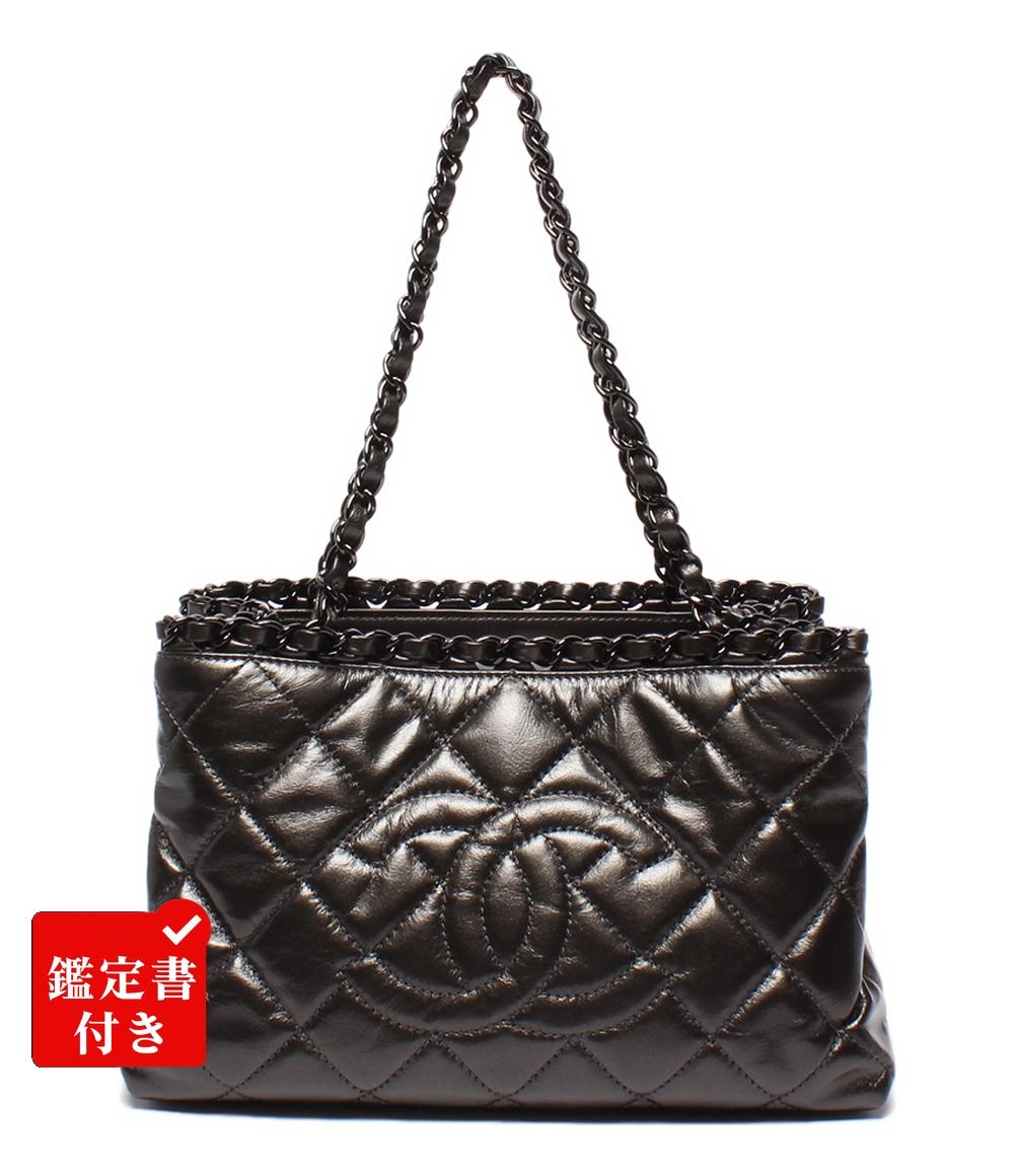 美品 シャネル チェーンショルダーバッグ トートバッグ 肩掛け メタリックグレー カーフスキン ブラック金具 チェーンミートート A50494 レディース