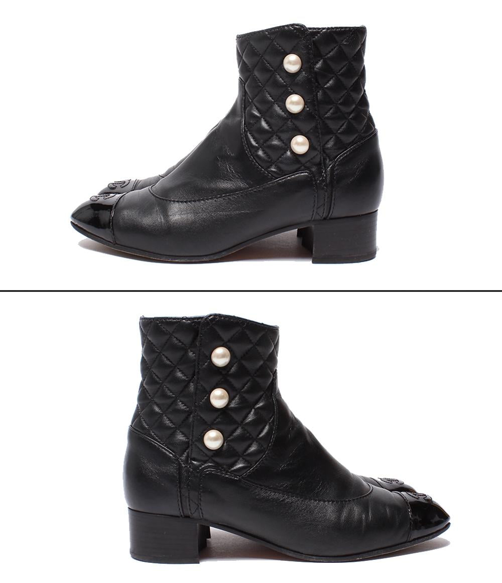 CHANEL ショートブーツ サイドファスナー パール マトラッセ ゴールド