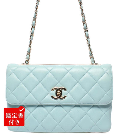 美品 CHANEL チェーンショルダーバッグ 肩掛け マトラッセ ゴールド金具 ラムスキン ライトブルー トレンディCC A92235 レディース シャネル