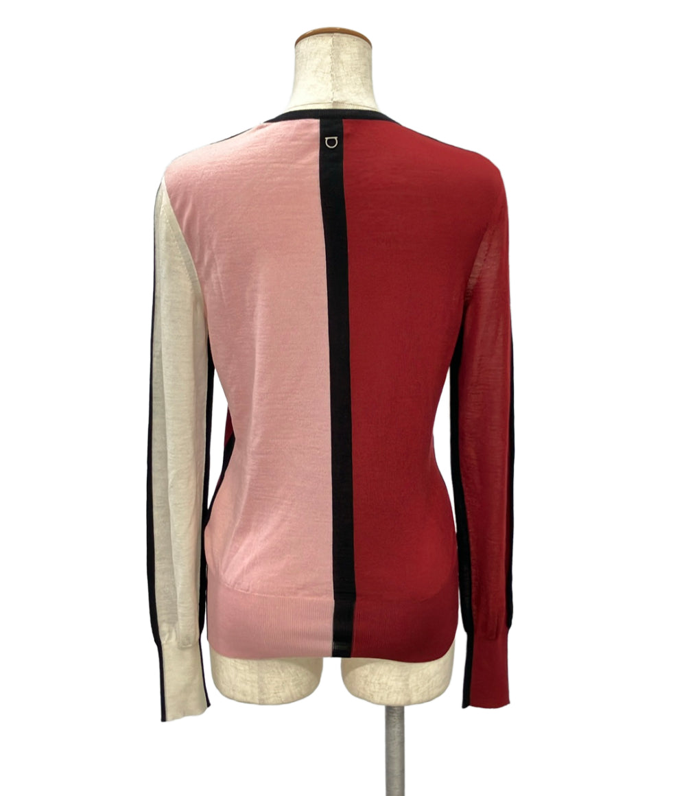 Salvatore Ferragamo 長袖ニット カラーブロック 赤 ピンク 白 レディース SIZE M サルヴァトーレフェラガモ