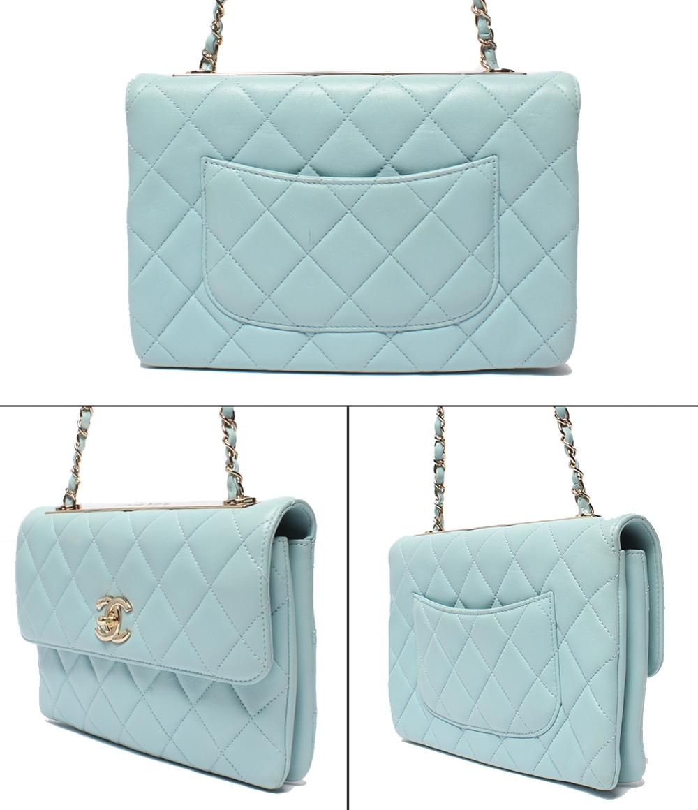 美品 CHANEL チェーンショルダーバッグ 肩掛け マトラッセ ゴールド金具 ラムスキン ライトブルー トレンディCC A92235 レディース シャネル