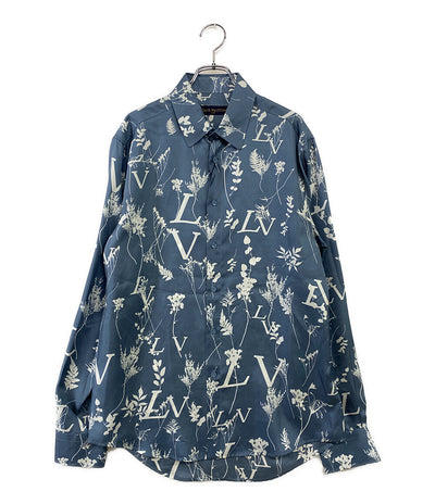 ルイヴィトン 美品 長袖シャツ 2022ss LVリーフプリントシルクシャツ ブルーグレー メンズ SIZE M LOUIS VUITTON