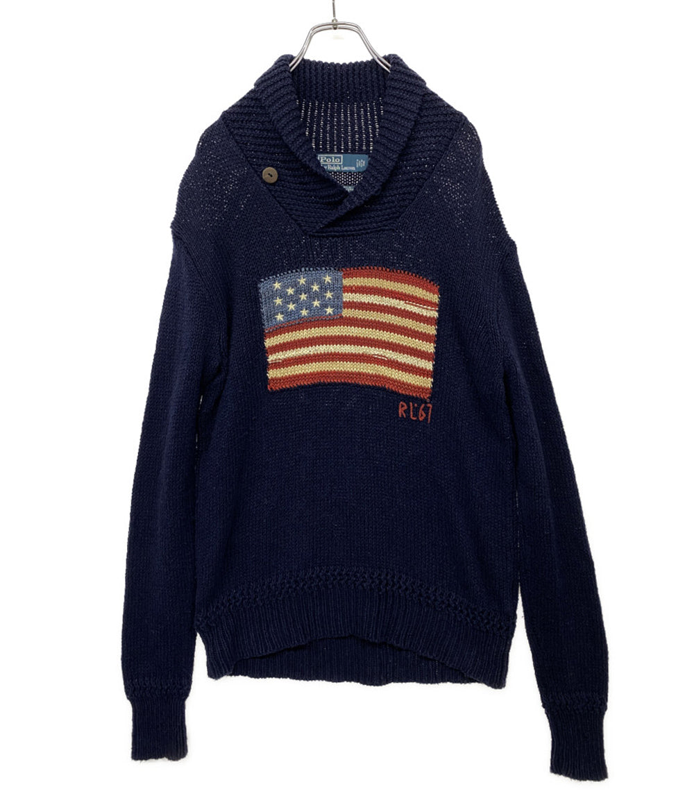 Polo by RALPH LAUREN ニット 星条旗 ショールカラー ネイビー メンズ SIZE S ポロバイラルフローレン