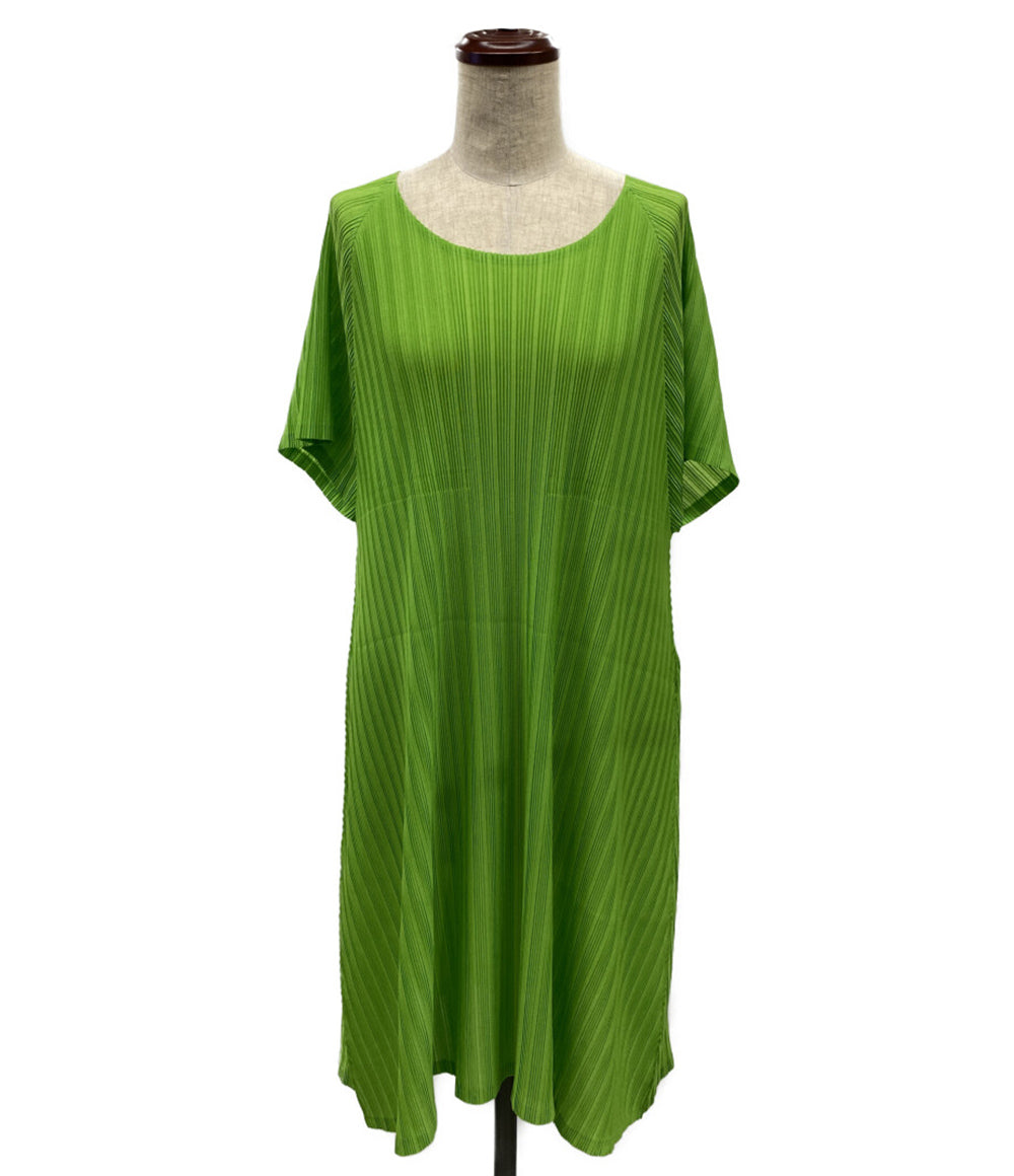 プリーツプリーズ 美品 半袖ワンピース グリーン PP31-FH371 レディース SIZE 3 PLEATS PLEASE