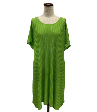 プリーツプリーズ 美品 半袖ワンピース グリーン PP31-FH371 レディース SIZE 3 PLEATS PLEASE