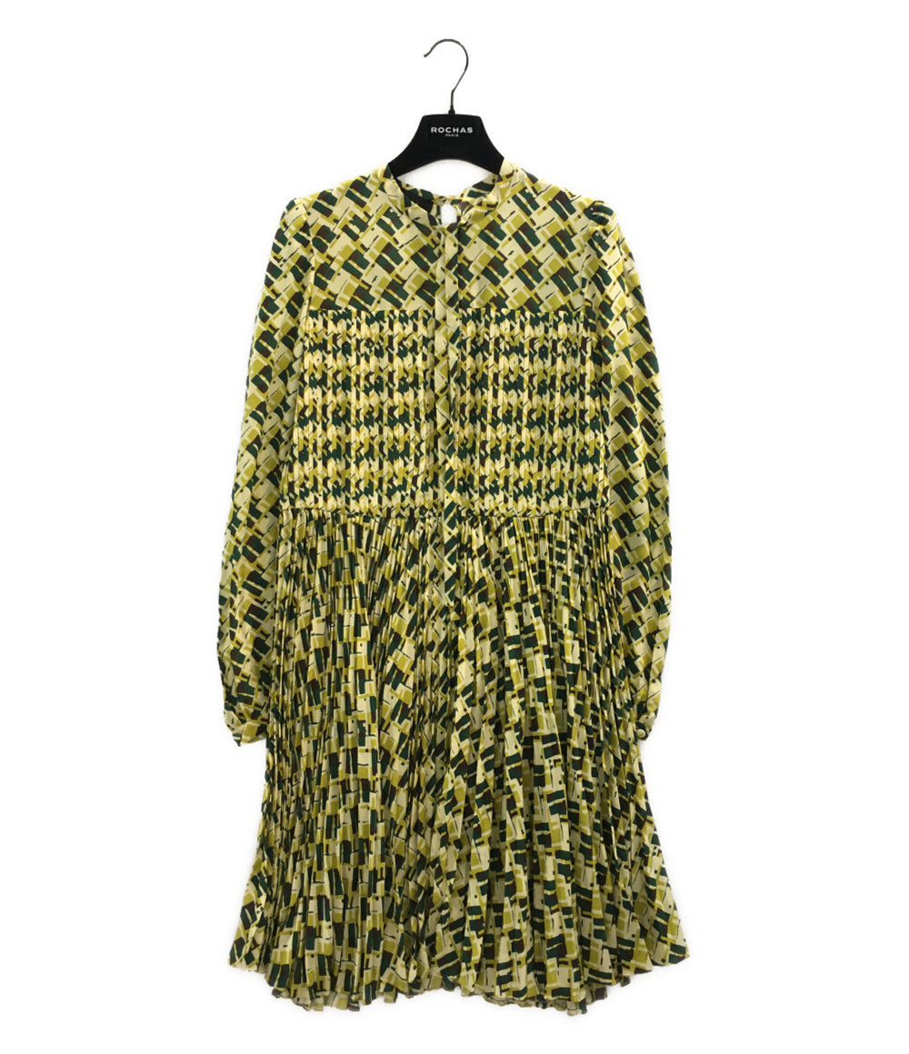 ROCHAS 長袖ワンピース イエロー総柄 総シルク プリーツ レディース SIZE 40 ロシャス