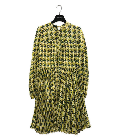 ROCHAS 長袖ワンピース イエロー総柄 総シルク プリーツ レディース SIZE 40 ロシャス