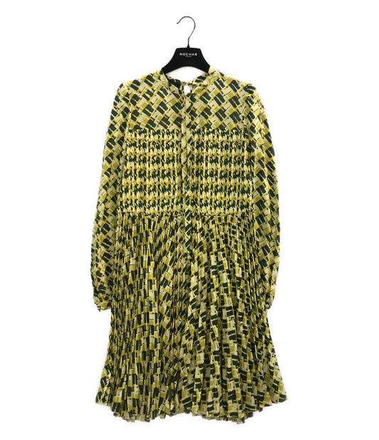 ROCHAS 長袖ワンピース イエロー総柄 総シルク プリーツ レディース SIZE 40 ロシャス