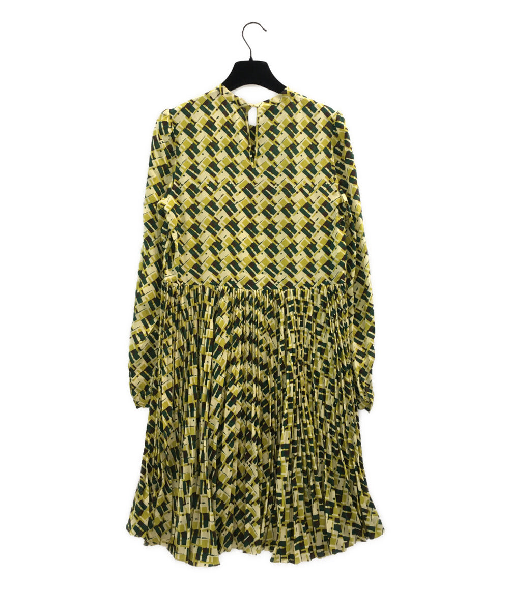 ROCHAS 長袖ワンピース イエロー総柄 総シルク プリーツ レディース SIZE 40 ロシャス