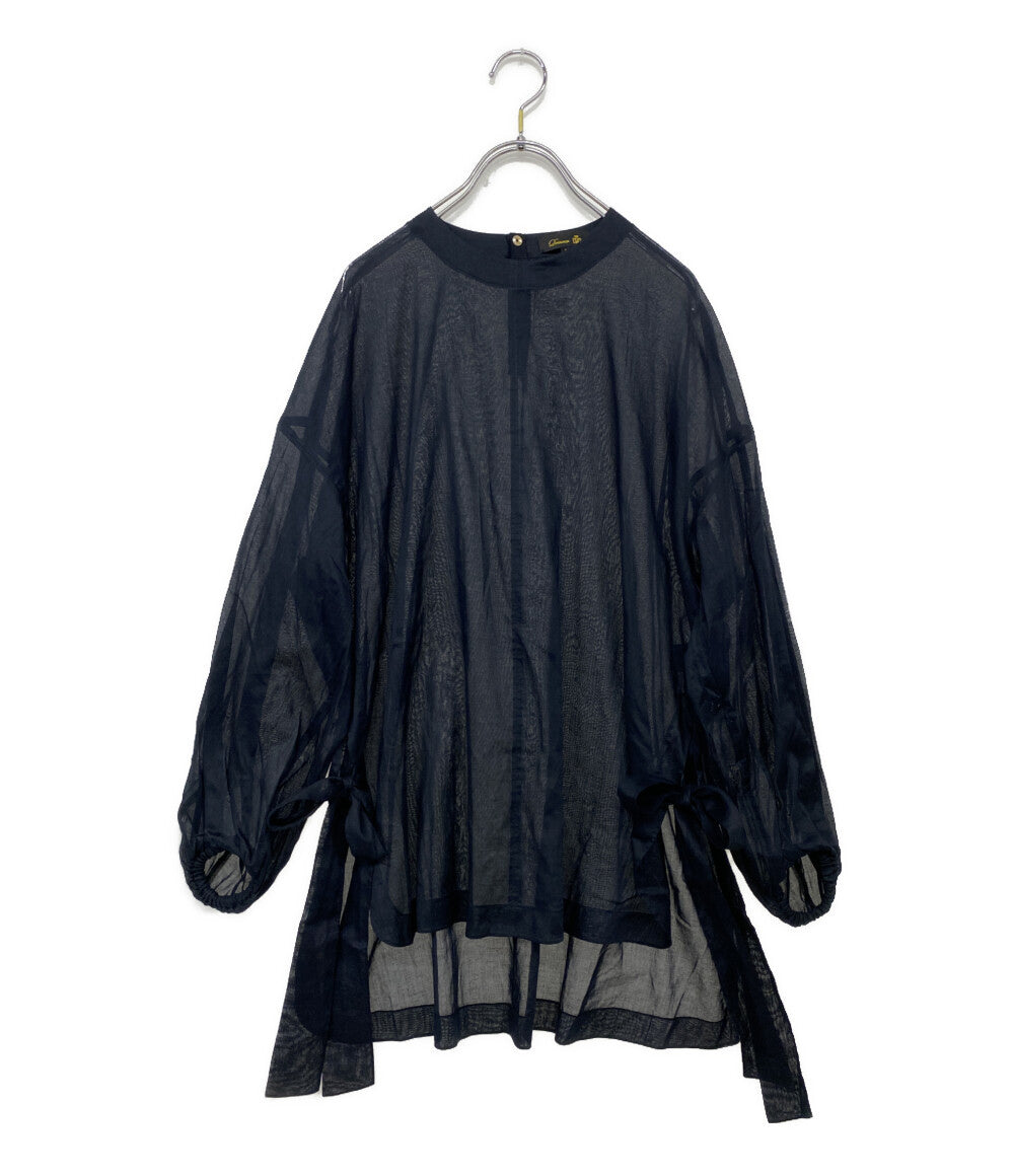 ドゥロワー プルオーバー シースルー リボンデザイン ブラウス シャツ ネイビー レディース SIZE 36 Drawer