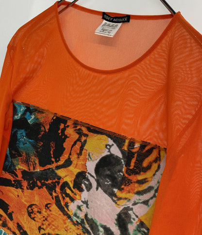 イッセイミヤケ 美品 カットソー オレンジ シースルー パターン柄 IM21JK121 レディース SIZE 2 ISSEY MIYAKE