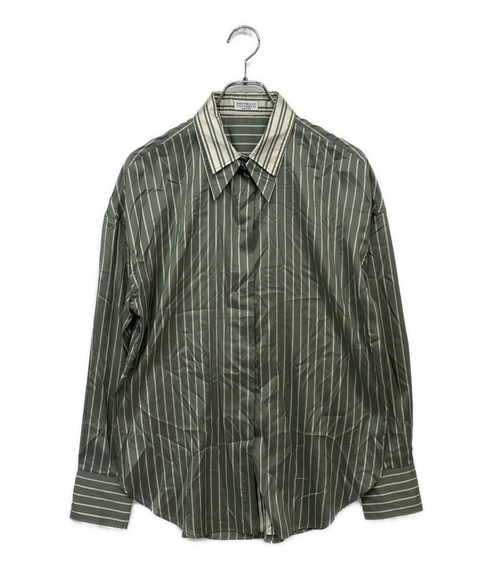 ブルネロクチネリ 長袖シャツ グリーン ストライプ レディース SIZE M BRUNELLO CUCINELLI