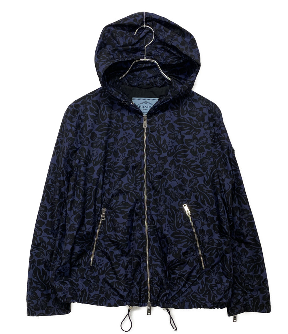 プラダ 美品 ナイロンジャケット ネイビー ハイビスカス柄 レディース SIZE 42 PRADA