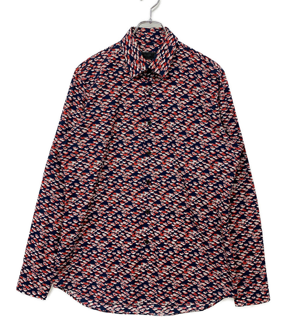 PRADA 長袖シャツ ネイビー リップ総柄 UCM608 15SS メンズ SIZE 40 プラダ